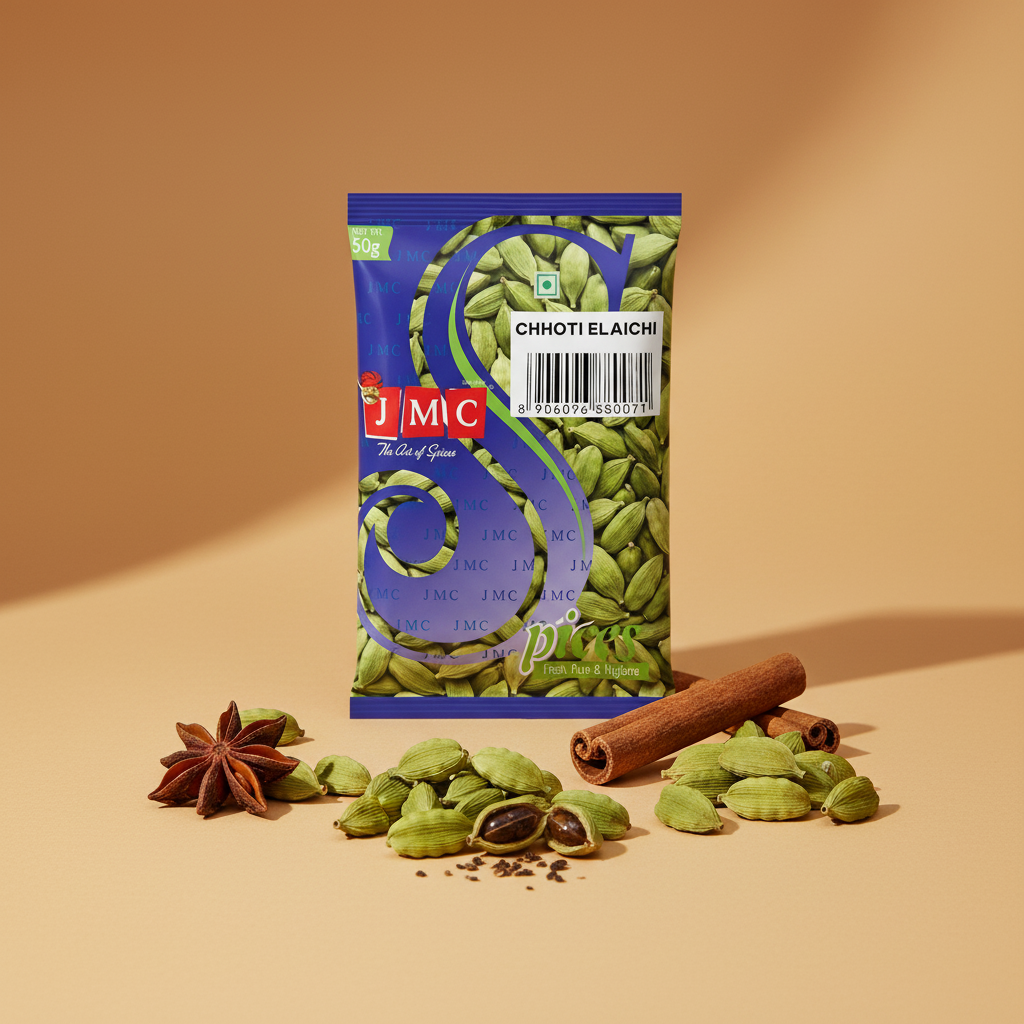 JMC Chhoti Elaichi Green Cardamom 50g Front – Fresh Pure Indian Spice with Star Anise and Cinnamon